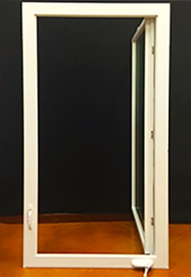 A crank out casement window with an egress hinge